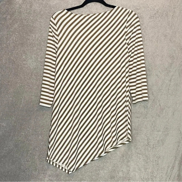 CHICOS 0 S Small Top Shirt Brown Striped 3/4 Sleeve Round Neck Stretch Casual - Picture 4 of 5